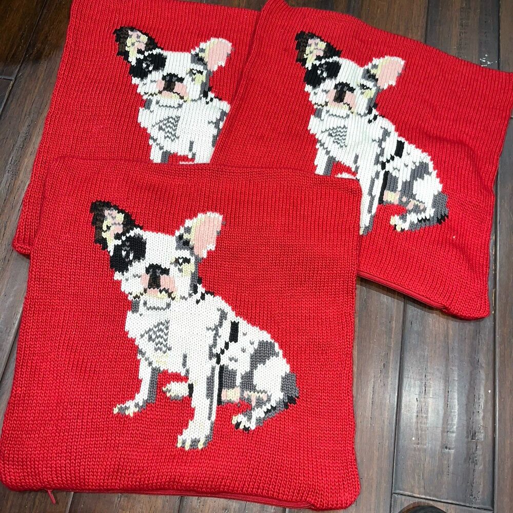 Set Of 3 Knits Pillow  Cases By Peter Jensen 18" X 18” Christmas Red  Accent Dog